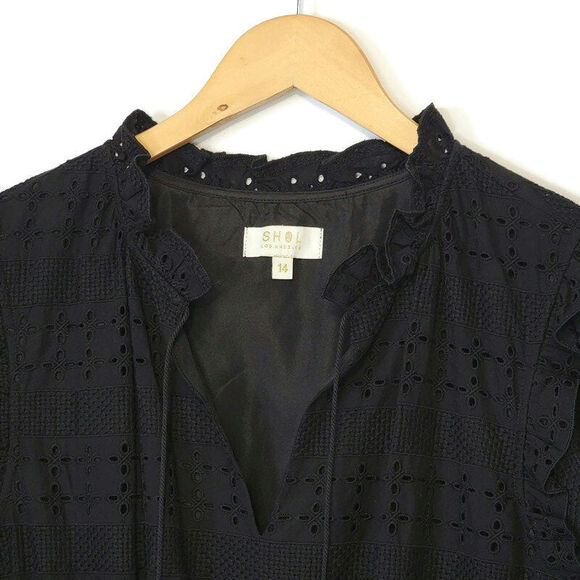 SHOL Los Angeles Eyelet Ruffle Dress Tiered Black Mini Dress Boho Party Size 14 - Picture 5 of 16